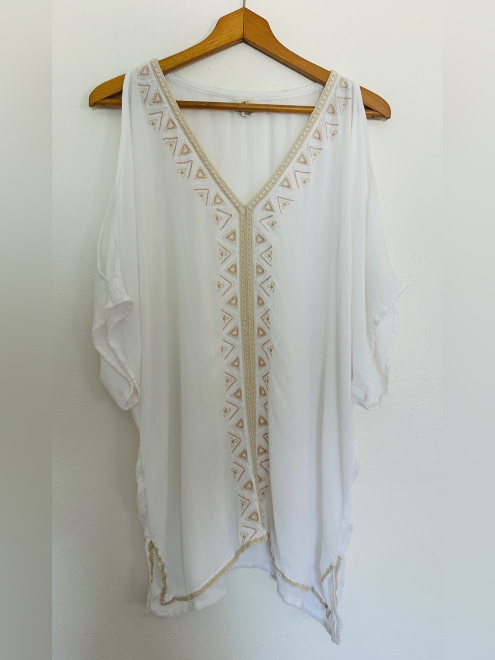 O'Neill White Geometric Embroidered Cold Shoulder Tunic Kaftan Cover Up M